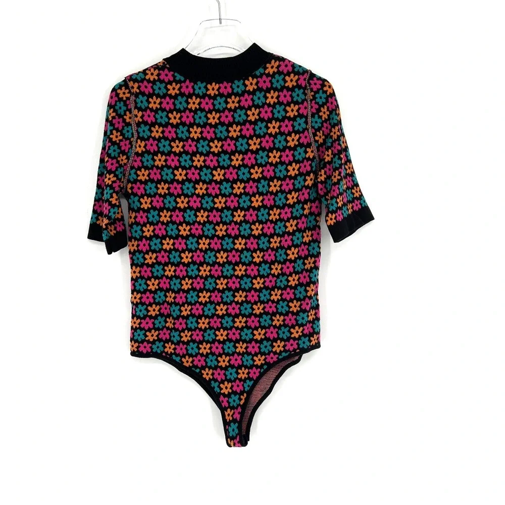 Free People Intimately Bodysuit Womens L Floral Retro Colorful 70s Knit Hippie‎